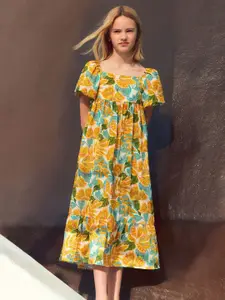 Mango Kids Girls Floral Print Puff Sleeve A-Line Midi Dress