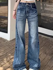 StyleCast Women Comfort Wide Leg High-Rise Mildly Distressed Light Fade Stretchable Jeans