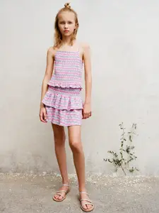 Mango Kids Girls Geometric Printed Smocked Layered Mini Skirt