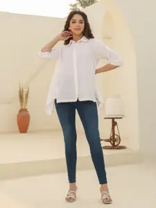 Rain & Rainbow Shirt Collar Cuffed Sleeves Cotton Top