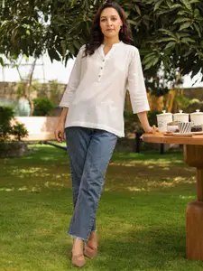 Rain & Rainbow Mandarin Collar Pure Cotton Top