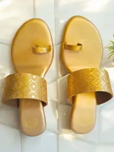 Dhaga Textured Ethnic Wedge Sandals with Ethnic - Embellished