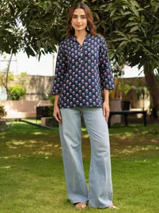 Rain & Rainbow Women Ethnic Motifs Mandarin Collar Pure Cotton Top