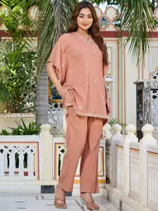 VIBE VISION Embroidered V Neck Top With Trousers Co-Ords