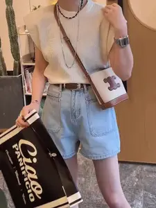 StyleCast Women Loose Fit High-Rise Cotton Denim Shorts