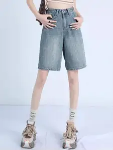 StyleCast Women Washed Loose Fit High-Rise Denim Shorts Technology