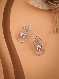 DIVASTRI Silver Oxidised Leaf Minimal Studs with Stone Earrings
