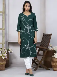 Fashion Basket Women Floral Embroidered V-Neck Thread Work Kurta