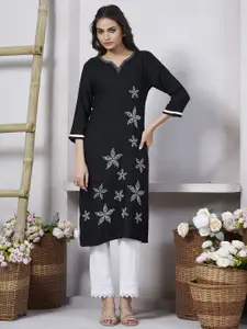Fashion Basket Floral Embroidered Round Neck Straight Kurta