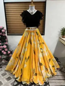 F Plus Fashion Girls Floral Printed Net Semi-Stitched Lehenga With Choli