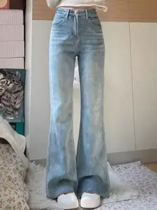 StyleCast Women Comfort Flared High-Rise Mildly Distressed Light Fade Stretchable Jeans