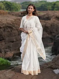 Chidiyaa Safed Birch Moon Kota Doria Ivory Block Printed Zari Saree