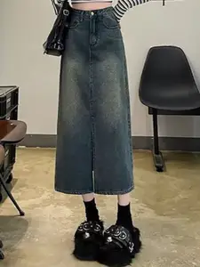 StyleCast x Revolte Denim Front-Slit Straight Midi Skirt