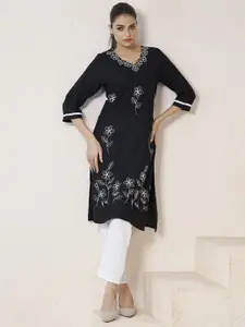 Fashion Basket Women Floral Embroidered V-Neck Straight Kurta