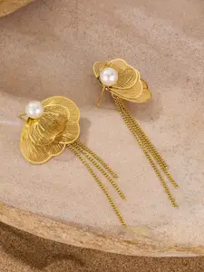 VAGHBHATT Gold-Plated Pearls Beaded Floral Shape Tasseled Drop Earrings