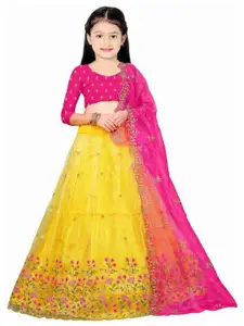 F Plus Fashion Girls Yellow Net Semi-Stitched Lehenga Choli