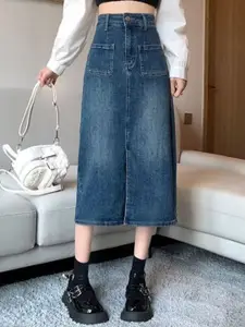 StyleCast x Revolte Denim Front-Slit Straight Midi Skirt