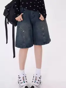 StyleCast Women Washed Loose Fit High-Rise Cotton Denim Shorts