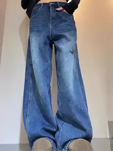 StyleCast Women Wide Leg High-Rise Mildly Distressed Light Fade Stretchable Jeans