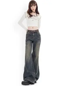 StyleCast Women Comfort Wide Leg High-Rise Mildly Distressed Light Fade Stretchable Jeans