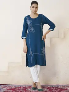 Fashion Basket Women Floral Embroidered Regular A-Line Thread Work Knee Length Kurta