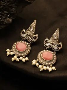 PANASH Silver-Plated Stones Studded And Beaded Geometric Shaped  Drop Earrings