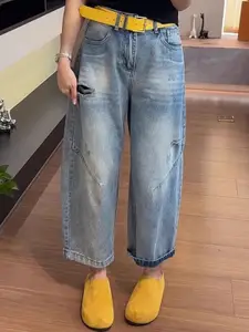 StyleCast Women Comfort Mid-Rise Wide Leg Low Distress Light Fade Stretchable Jeans