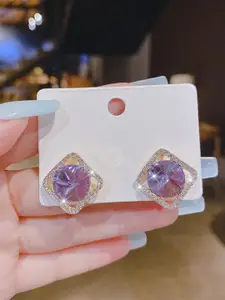 VAGHBHATT Gold Plated Crystals Studded Square Shaped Studs