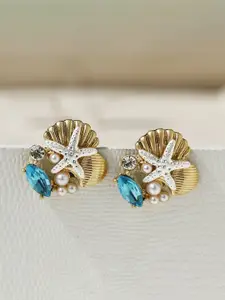 KRENOZ Gold-Plated Rhinestone Studded Floral Shaped Studs