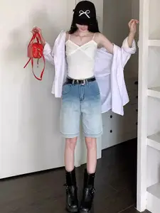 StyleCast Women Washed Loose Fit High-Rise Cotton Denim Shorts