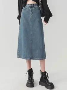 StyleCast x Revolte Denim High-Waist Straight Midi Skirt