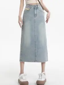 StyleCast x Revolte Denim Back-Slit Straight Midi Skirt