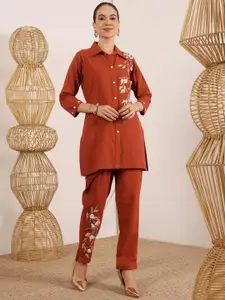 Lative Colours of Fashion Floral Embroidered Shirt Collar Top With Trousers Co-Ords