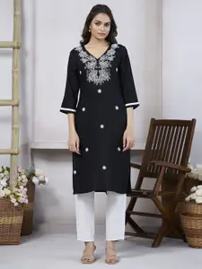 Fashion Basket Floral Embroidered V-Neck Thread Work Straight Kurta