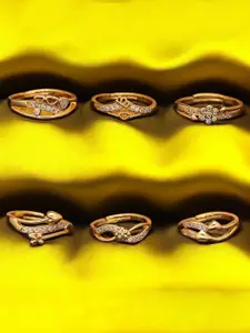 DressBerry Set Of 6 Gold-Plated American Diamond Stone Studded Finger Ring