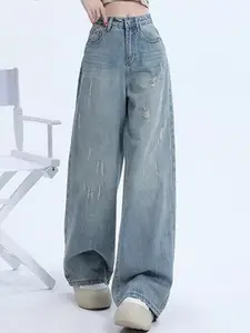 StyleCast Women Comfort Wide Leg High-Rise Mildly Distressed Ribbed Stretchable Jeans