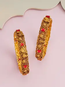 Kushal's Fashion Jewellery Coral Set Of 2 Gold-Plated Ethnic Antique Bangles