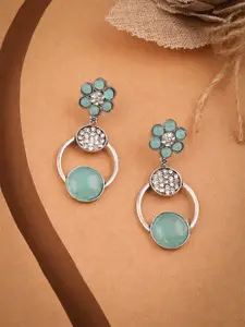 DIVASTRI Silver-Plated Stoned Studded Oxidised Drop Earrings