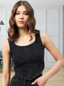 all about you Women Cotton Denim Crop Fitted Top