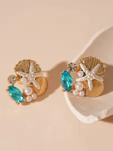 KRENOZ Gold-Plated Rhinestone Studded Floral Shaped Studs