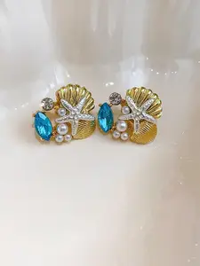 KRENOZ Gold-Plated Artificial Stones Studded & Pearls Beaded Contemporary Stud