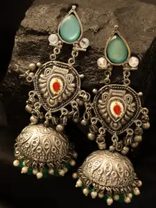 PANASH Silver-Plated Stones Studded And Beaded Contemporary Oxidised Drop Earrings