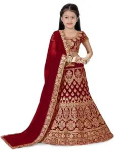 F Plus Fashion Girls Maroon Satin Semi-Stitched Lehenga Choli