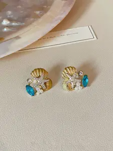 KRENOZ Gold-Plated Rhinestone Studded Floral Shaped Studs