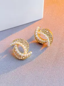 KRENOZ Gold-Plated Crescent Shaped Pearls Beaded Studs