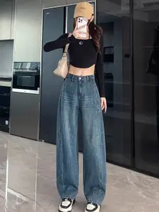 StyleCast Women Comfort Wide Leg High-Rise Mildly Distressed Light Fade Stretchable Jeans