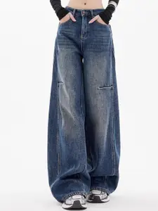 StyleCast Retro Women Comfort Wide Leg Slash Knee Acid Wash Stretchable Cotton Jeans