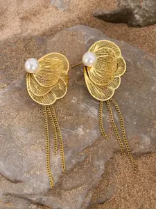 KRENOZ Gold-Plated Pearls Beaded Floral Drop Earrings