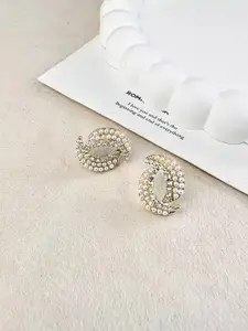 KRENOZ Gold-Plated Crescent Shaped Pearls Beaded Studs