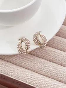 KRENOZ Gold-Plated Crystals Studded & Pearls Beaded Contemporary Stud